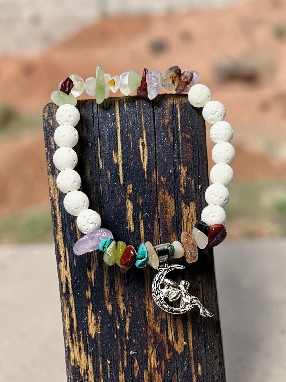 Multicolor Gemstone & White Lava Bead Bracelet with Moon Charm